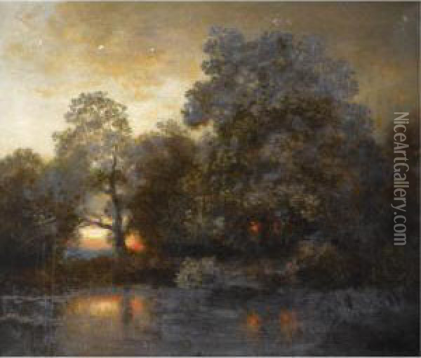A River Landscape At Dusk Oil Painting - Heinrich Vosberg