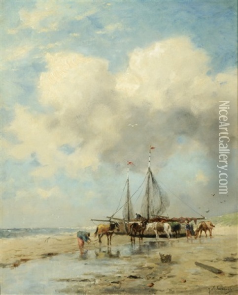 Fishermen On The Beach Oil Painting - Johan Frederik Cornelis Scherrewitz