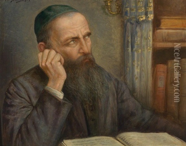 Rabbi Beim Studium Oil Painting - Marcin Gottlieb