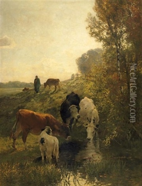 Vieh An Der Tranke Oil Painting - Hermann Baisch