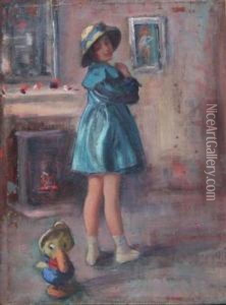 Interior Scene With Young Girl And Toy Duck Standing Beside A Fireside Oil Painting - Harry John Pearson