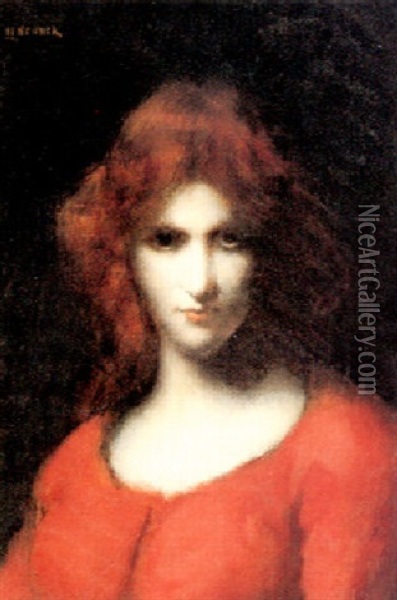 A Red Haired Beauty, Bust Length Oil Painting - Jean Jacques Henner