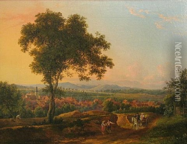An Extensive Landscape With A View Of A Town And Figures In The Foreground Oil Painting - Friedrich Helmsdorf