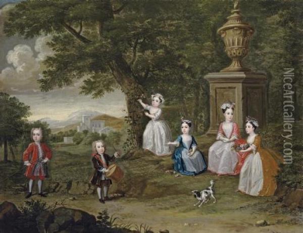 Group Portrait Of Children, Possibly The Children Of Don Francisco Lopes Suasso, In A Garden Landscape With A Pet Dog Oil Painting - Rene Auguste Constantyn