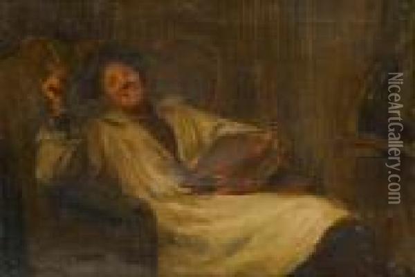 Hacker, - A Woman Artist 
Relaxing In Achair Holding A Paletto, An Easel At Her Side, Oil On 
Canvas, 27cmby 38.5cm Oil Painting - Arthur Hacker