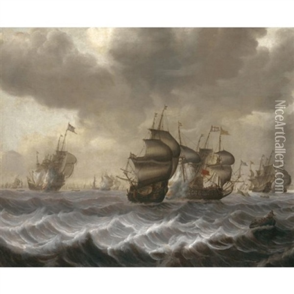 A Naval Engagement Oil Painting - Pieter Coopse