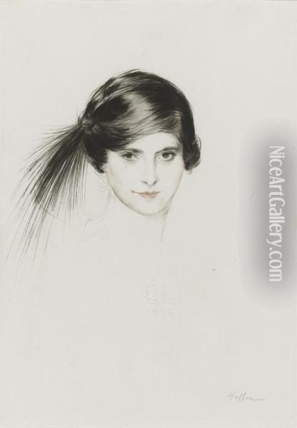 Head Of Helena Rubinstein With Egret Feathers Oil Painting - Paul Cesar Helleu