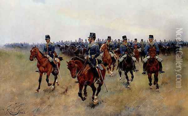 Mounted Cavalry Oil Painting - Jose Cusachs y Cusachs