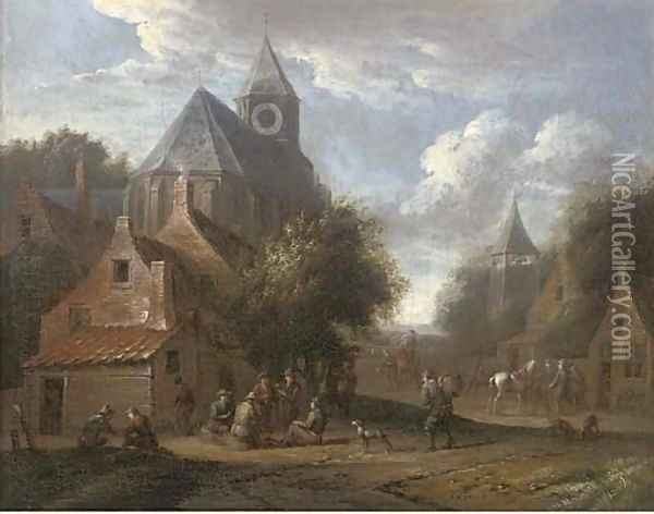 A village with boors smoking outside a church Oil Painting - Cornelis van Essen