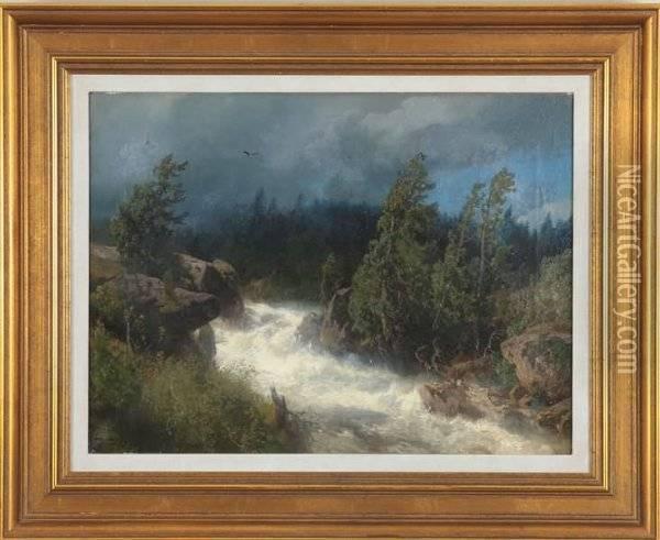 River Landscape Oil Painting - Herman Herzog