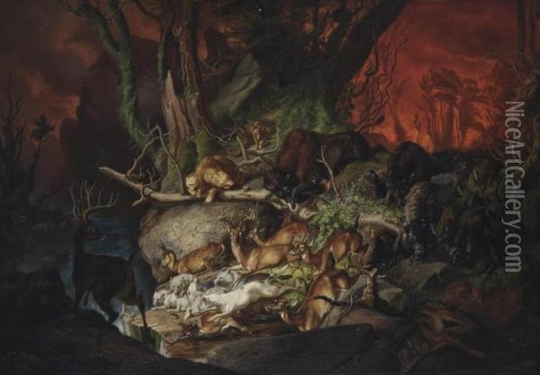 A Forest Fire, North America Oil Painting - Johann Friedrich W. Wegener