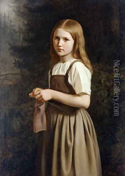 Girl Knitting Oil Painting - Minna Heeren