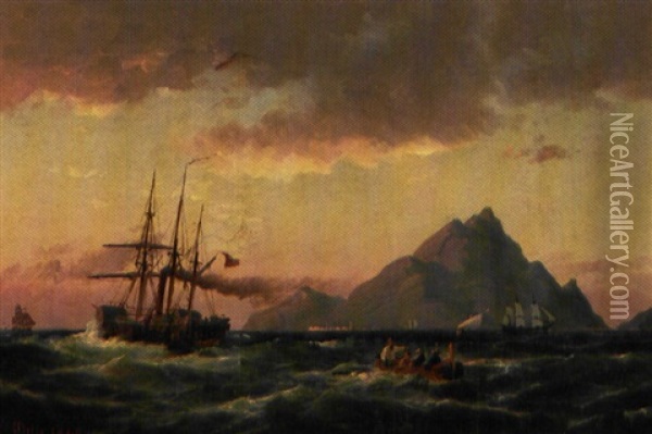Skibe I Middelhavet Ved Solnedgang Oil Painting - Carl Ludwig Bille