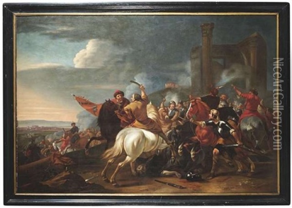 Reitergefecht Vor Ruinen Eines Klassischen Gebaudes Oil Painting - Jan van Huchtenburg