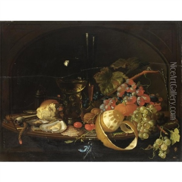 Natura Morta Con Uva, Ostriche, Pane E Bicchiere Oil Painting - David Cornelisz Heem III