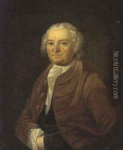 Portrait of a gentleman, bust-length, in a brown jacket Oil Painting - Thomas Bardwell