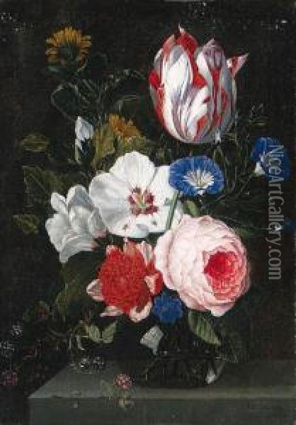 Morning Glory, A Parrot Tulip, 
Roses, And Other Flowers Withblackberries In A Glass Vase On A Ledge Oil Painting - Nicolas Van Veerendael