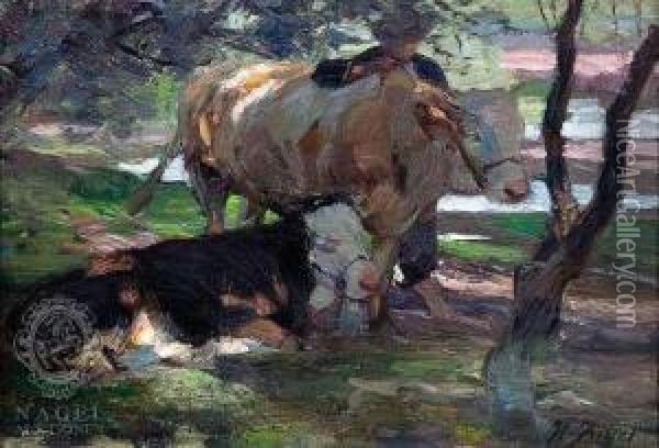 Cows Withtheir Keeper Under Tress Oil Painting - Heinrich Johann Von Zugel