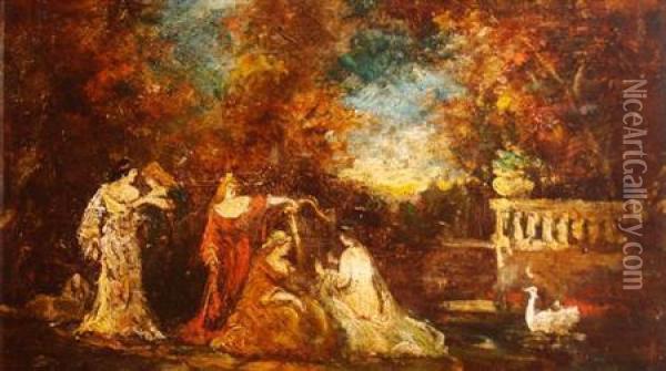 Ladies In A Garden Oil Painting - Adolphe-Joseph Huot