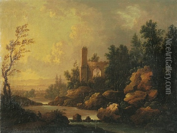 Ideale Sudliche Landschaft Mit Ruine An Einem Flus Oil Painting - Christoph Von Bemmel