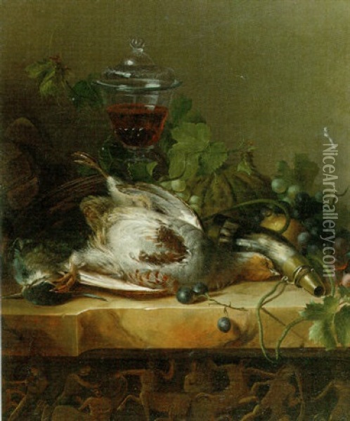 Still Life With Partridge, Lapwing And A Hunting Horn Oil Painting - Petrus Nicolaas Scholten