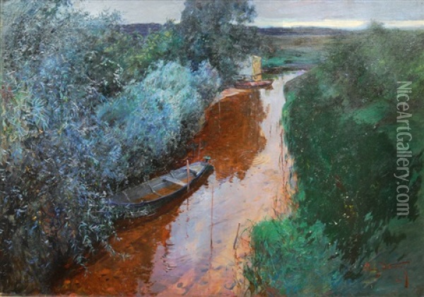 Boats On A Creek Oil Painting - Ludwig Julius Christian Dettmann