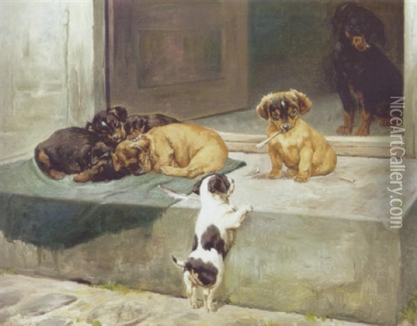 Hundehvalpe Oil Painting - Simon Simonsen