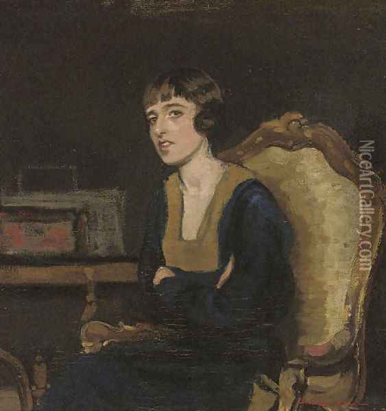 Portrait of the artist's sister, seated half-length, in a black dress Oil Painting - Harrington Mann