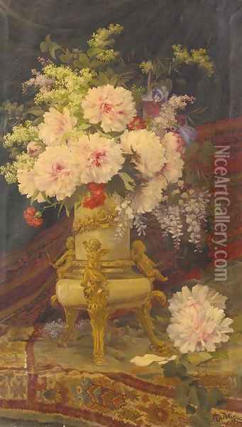 Summer flowers in an ormolu mounted vase Oil Painting - Aurelio Tolosa Alsina