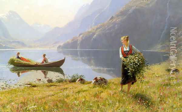 On The Banks of the Fjord Oil Painting - Hans Dahl