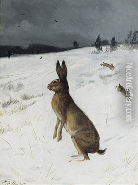 Hasen Auf Verschneitem Feld Oil Painting - Carl Friedrich Deiker