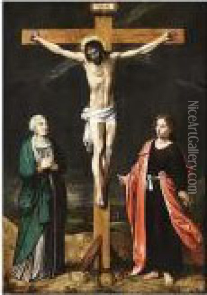Christ On The Cross With The Virgin Mary And St. John The Baptist Oil Painting - Ambrosius Francken I