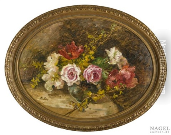 Blumenstilleben Mit Rosen, Mohn Und Zweigen In Einer Vase Oil Painting - Anna Peters