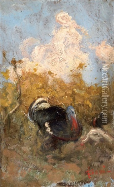 Campagna Con Tacchini E Pollo Oil Painting - Cesare Ciani