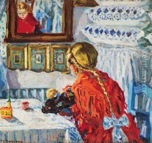 Interior With Mirror Oil Painting - Izsak Perlmutter