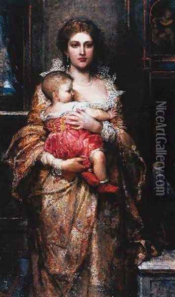 A Patrician Mother Oil Painting - Anna Lea Merritt