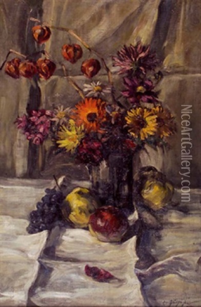 Stillleben Mit Blumenvase Und Obst Oil Painting - Erwin Puchinger