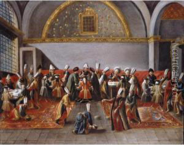 A Dinner Given By The Grand 
Vizier In Honour Of The French (?) Ambassador In The Topkapi Palace, 
Constantinople Oil Painting - Jan-Baptiste Vanmour