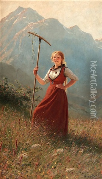 Girl In Fjord Landscape Oil Painting - Hans Dahl