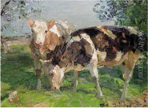 Two Calves Oil Painting - Heinrich Johann Von Zugel