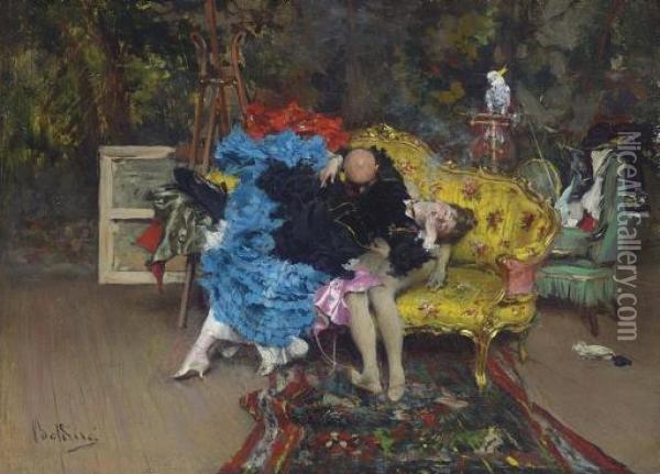The Model And Mannequin - Berthe In The Studio Oil Painting - Giovanni Boldini