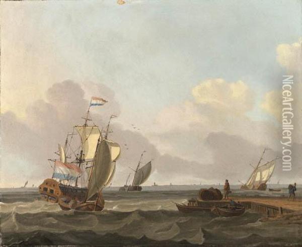 Shipping In A Choppy Sea Off A Jetty Oil Painting - Jan Claes Rietschoof