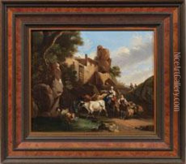 Italienische Landschaft Mit Hirten An Der Tranke Oil Painting - Nicolaes Berchem