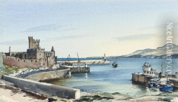 Peel Castle And Harbour Entrance, Isle Of Man Oil Painting - John Howard Nicholson