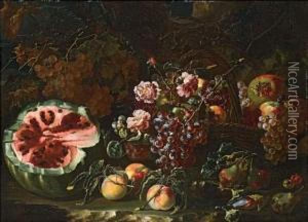 Nature Morte Aux Raisins, Fleurs Et Pasteques Dans Un Paysage. Oil Painting - Bartolomeo Castelli Spadino