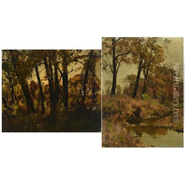 Wooded River Landscape And Evening Oil Painting - Franz Biberstein