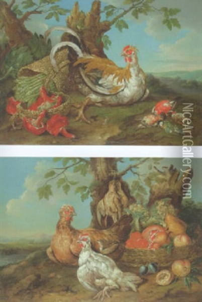 A Chicken By A Basket Of Mushrooms And Asparagus And Dead Birds In A Landsape Oil Painting - Philipp Ferdinand de Hamilton