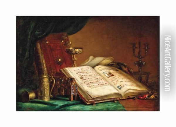 Still Life With Illuminated Manuscript And Vessels Oil Painting - Ernest Eugene Lefebvre