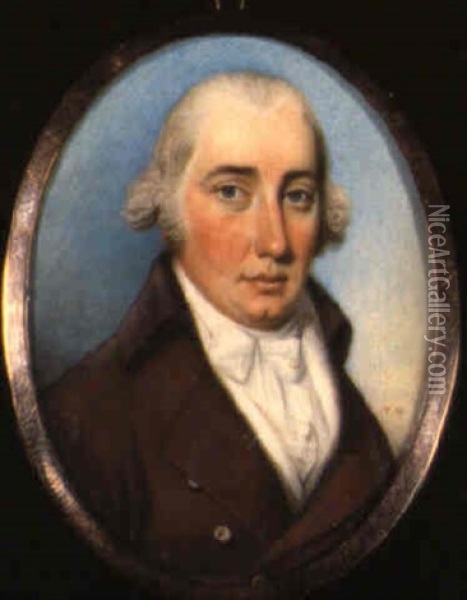 Portrait Of A Gentleman In Brown Coat And White Waistcoat Oil Painting - Thomas Hazlehurst