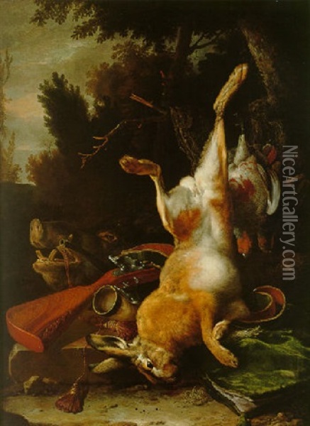 A Game Still Life With A Hung Hare, A Boar's Head, A Hung Grouse, A Musket And Other Objects In A Landscape Oil Painting - Melchior de Hondecoeter